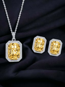Designs & You - Silver Plated Cz Studded Anti Tarnish Yellow Geometric Rectangular Jewellery Set