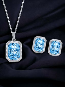 Designs & You - Silver Plated Cz Studded Anti Tarnish Blue Geometric Rectangular Jewellery Set