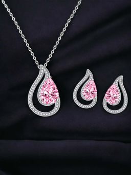 Designs & You - Silver Plated Cz Studded Anti Tarnish Pink Teardrop Style Contemporary Jewellery Set