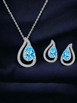Designs & You - Silver Plated Cz Studded Anti Tarnish Blue Teardrop Style Contemporary Jewellery Set