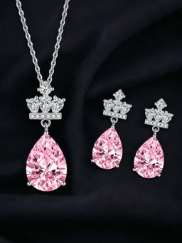 Designs & You - Silver Plated Cz Studded Anti Tarnish Pink Teardrop Shape Crown Jewellery Set