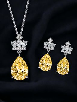 Designs & You - Silver Plated Cz Studded Anti Tarnish Yellow Teardrop Shape Crown Jewellery Set