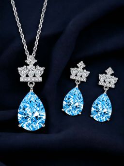 Designs & You - Silver Plated Cz Studded Anti Tarnish Blue Teardrop Shape Crown Jewellery Set