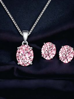 Designs & You - Silver Plated Cz Studded Anti Tarnish Pink Oval Shape Geometric Jewellery Set