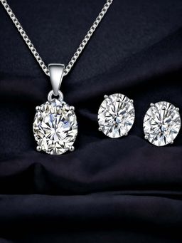 Designs & You - Silver Plated Cz Studded Anti Tarnish White Oval Shape Geometric Jewellery Set