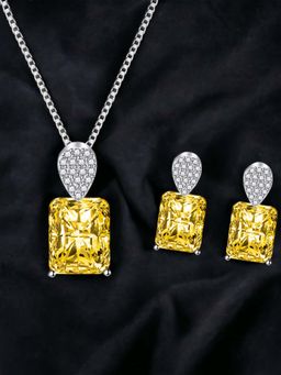 Designs & You - Silver Plated Cz Studded Anti Tarnish Yellow Rectangular Contemporary Jewellery Set