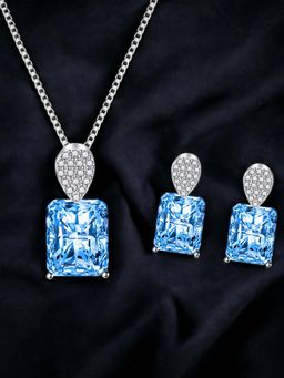 Designs & You - Silver Plated Cz Studded Anti Tarnish Blue Rectangular Contemporary Jewellery Set