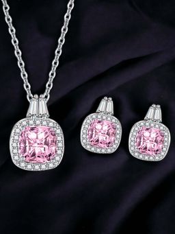 Designs & You - Silver Plated Cz Studded Anti Tarnish Pink Square Shape Geometric Jewellery Set