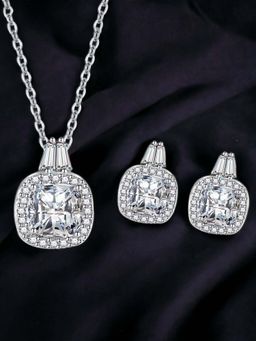 Designs & You - Silver Plated Cz Studded Anti Tarnish White Square Shape Geometric Jewellery Set
