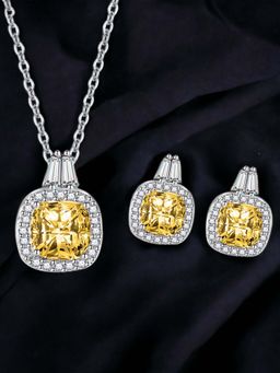 Designs & You - Silver Plated Cz Studded Anti Tarnish Yellow Square Shape Geometric Jewellery Set