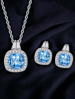 Designs & You - Silver Plated Cz Studded Anti Tarnish Blue Square Shape Geometric Jewellery Set