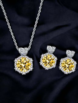 Designs & You - Silver Plated Cz Studded Anti Tarnish Yellow Hexagonal Shape Geometric Jewellery Set