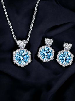 Designs & You - Silver Plated Cz Studded Anti Tarnish Blue Hexagonal Shape Geometric Jewellery Set
