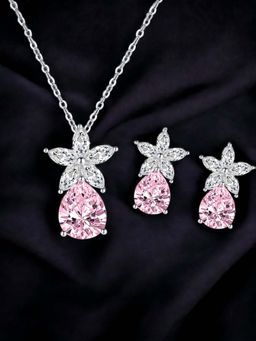 Designs & You - Silver Plated Cz Studded Anti Tarnish Pink Teardrop Shape Star Inspired Jewellery Set