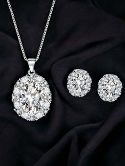 Designs & You - Silver Plated Cz Studded Anti Tarnish White Oval Shape Geometric Jewellery Set