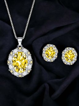 Designs & You - Silver Plated Cz Studded Anti Tarnish Yellow Oval Shape Geometric Jewellery Set
