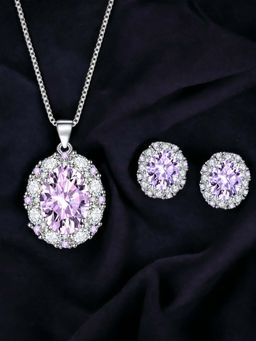 Designs & You - Silver Plated Cz Studded Anti Tarnish Purple Oval Shape Geometric Jewellery Set