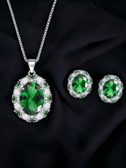 Designs & You - Silver Plated Cz Studded Anti Tarnish Green Oval Shape Geometric Jewellery Set