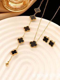 Designs & You - Stainless Steel Gold Plated Set Of Black Anti Tarnish Clover Jewellery Set for Women