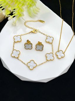 Designs & You - Stainless Steel Gold Plated Set Of White Anti Tarnish Clover Jewellery Set for Women