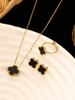 Designs & You - Stainless Steel Gold Plated Set Of Black Anti Tarnish Clover Jewellery Set for Women