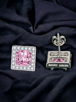 Designs & You - Silver Plated Cz Studded Anti Tarnish Pink Square Crushed Ice Cut Stud Earrings