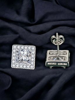 Designs & You - Silver Plated Cz Studded Anti Tarnish White Square Crushed Ice Cut Stud Earrings