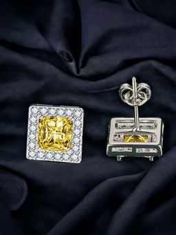 Designs & You - Silver Plated Cz Studded Anti Tarnish Yellow Square Crushed Ice Cut Stud Earrings