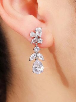 Designs & You - White Silver Plated Anti Tarnish American Diamond Contemporary Ice Cut Drop Earrings