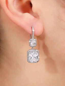 Designs & You - White Silver Plated Anti Tarnish American Diamond Geometric Ice Cut Drop Earrings