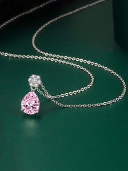 Designs & You - Silver Plated Cz Studded Anti Tarnish Pink Teardrop Shape Geometric Pendant Necklace
