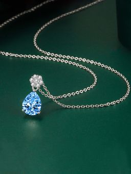 Designs & You - Silver Plated Cz Studded Anti Tarnish Blue Teardrop Shape Geometric Pendant Necklace