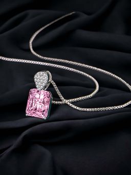 Designs & You - Silver Plated Cz Anti Tarnish Pink Rectangular Shape Geometric Pendant Necklace