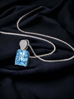 Designs & You - Silver Plated Cz Anti Tarnish Blue Rectangular Shape Geometric Pendant Necklace