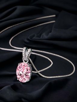 Designs & You - Silver Plated Cz Studded Anti Tarnish Pink Oval Shape Geometric Pendant Necklace