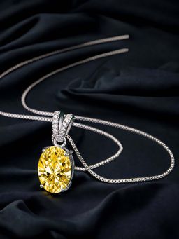 Designs & You - Silver Plated Cz Studded Anti Tarnish Yellow Oval Shape Geometric Pendant Necklace
