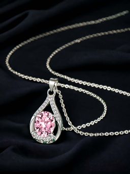 Designs & You - Silver Plated Cz Anti Tarnish Pink Teardrop Shape Contemporary Pendant Necklace