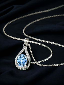 Designs & You - Silver Plated Cz Anti Tarnish Blue Teardrop Shape Contemporary Pendant Necklace