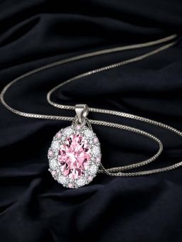 Designs & You - Silver Plated Cz Studded Anti Tarnish Pink Oval Shape Geometric Pendant Necklace