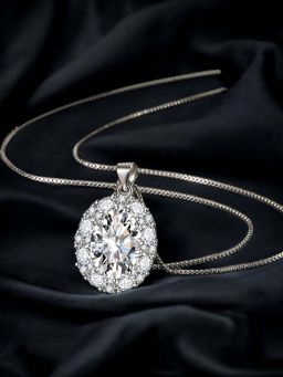 Designs & You - Silver Plated Cz Studded Anti Tarnish White Oval Shape Geometric Pendant Necklace