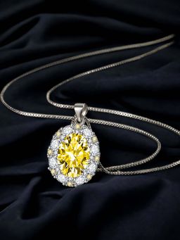 Designs & You - Silver Plated Cz Studded Anti Tarnish Yellow Oval Shape Geometric Pendant Necklace