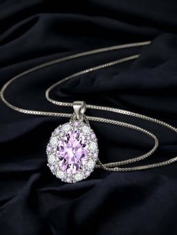 Designs & You - Silver Plated Cz Studded Anti Tarnish Purple Oval Shape Geometric Pendant Necklace