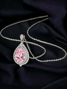 Designs & You - Silver Plated Cz Anti Tarnish Pink Teardrop Shape Contemporary Pendant Necklace