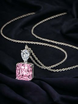 Designs & You - Silver Plated Cz Studded Anti Tarnish Pink Square Shape Contemporary Pendant Necklace