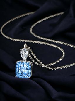 Designs & You - Silver Plated Cz Studded Anti Tarnish Blue Square Shape Contemporary Pendant Necklace