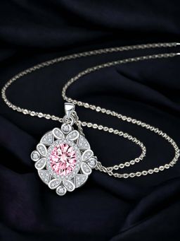 Designs & You - Silver Plated Cz Studded Anti Tarnish Pink Round Shape Contemporary Pendant Necklace