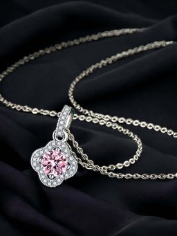 Designs & You - Silver Plated Cz Studded Anti Tarnish Pink Clover Shape Contemporary Pendant Necklace