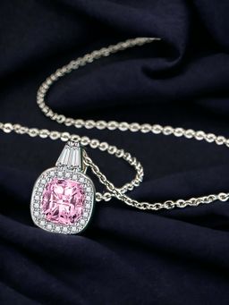 Designs & You - Silver Plated Cz Studded Anti Tarnish Pink Square Shape Contemporary Pendant Necklace
