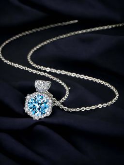 Designs & You - Silver Plated Cz Studded Anti Tarnish Blue Hexagonal Shape Geometric Pendant Necklace