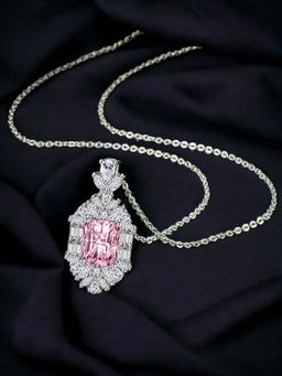 Designs & You - Silver Plated Cz Anti Tarnish Pink Rectangular Shape Geometric Pendant Necklace